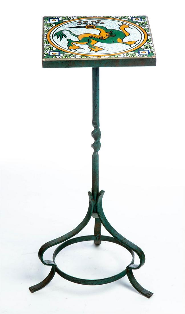 SALTERINI TILE STAND.: SALTERINI TILE STAND. New York, 2nd quarter-20th century. Wrought iron base with label and Italian enameled tile of a griffon. 21.25"h. 8" x 8".
