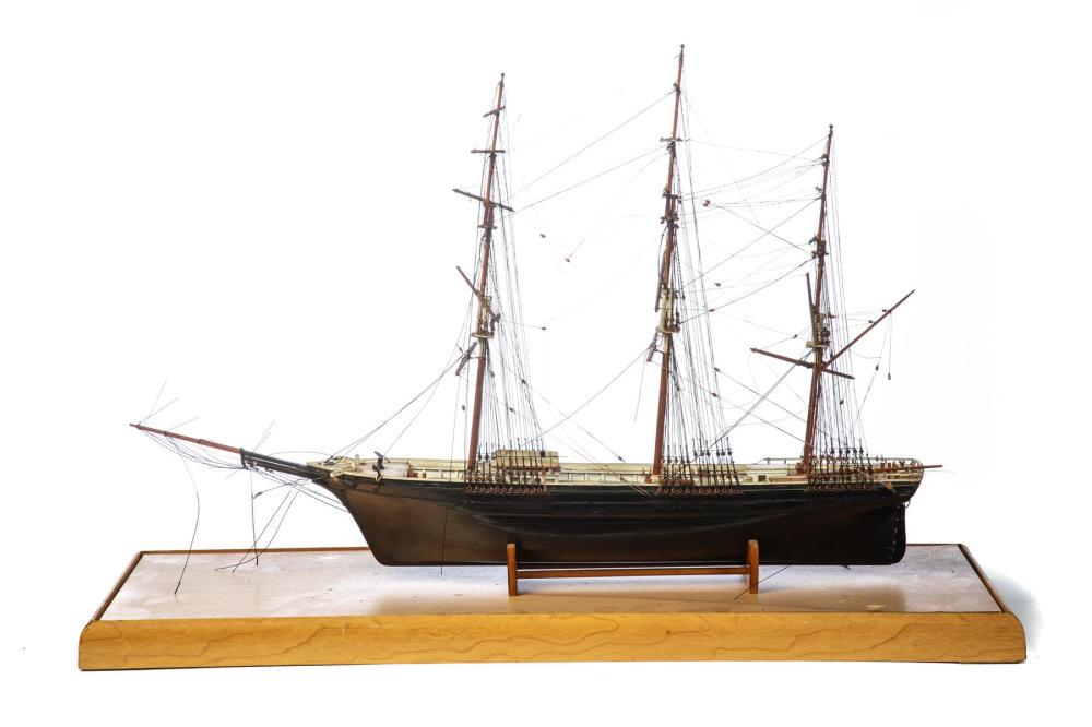 MODEL OF A THREE-MASTED SAILING SHIP.: MODEL OF A THREE-MASTED SAILING SHIP. American, 20th century. Balsa wood and pine with thread rigging. 16.5"h. 24"l. 3.5"w.