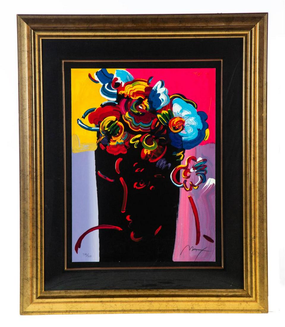 PETER MAX (GERMAN-AMERICAN, B. 1937) PRINT.: PETER MAX (GERMAN-AMERICAN, B. 1937) PRINT. 2000. Serigraph of woman with floral hair. Embossed "Peter Max 2000" in lower left corner. Numbered 338/350. Signed lower right corner. Framed, 41.5"h. 34.5