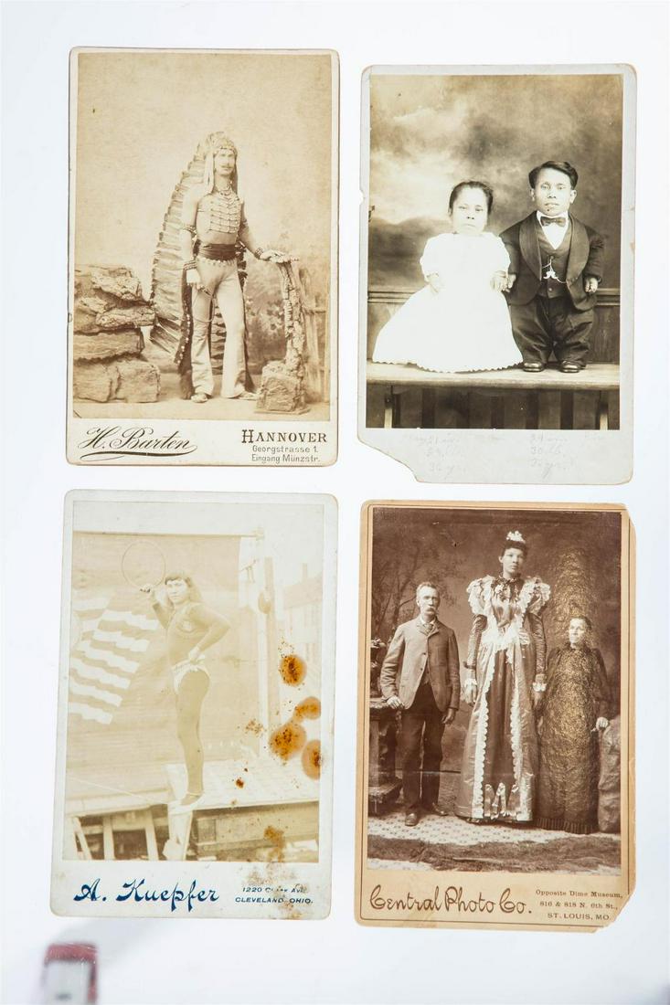 FOUR CABINET CARDS FEATURING CIRCUS PERFORMERS.: FOUR CABINET CARDS FEATURING CIRCUS PERFORMERS. American and European, late 19th-early 20th century. One "Filipino Midgets." One of Ella Erving, marked "Ella Erving, 20 years old, 8 ft. 2 in. tall. We