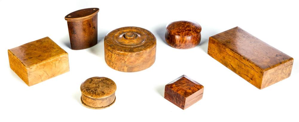 SEVEN BURLED CONTAINERS.: SEVEN BURLED CONTAINERS. Nineteenth and 20th century. Two boxes with wooden hinges, three circular boxes, square box with fitted lid, and gum box.