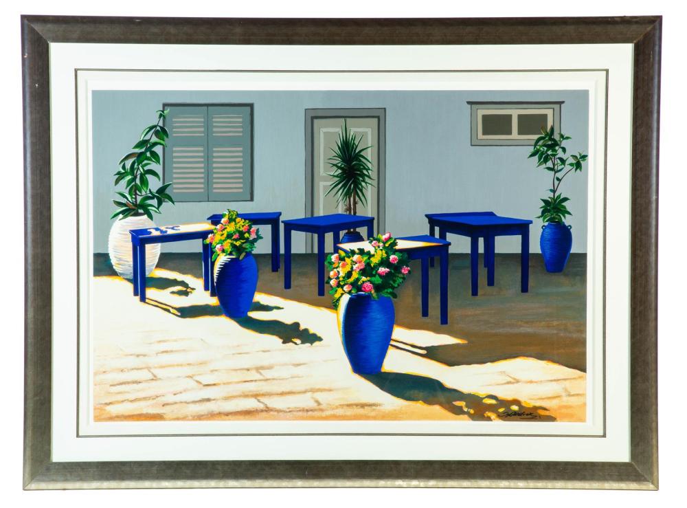 "HARMONY IN BLUE" PRINT, IGOR MEDVEDEV (UKRAINIAN: "HARMONY IN BLUE" PRINT, IGOR MEDVEDEV (UKRAINIAN AMERICAN,1931-2015). American, 1998. Numbered EA 15/50. Signed lower right corner in marker. Serigraph of patio with blue furniture and potted plants.