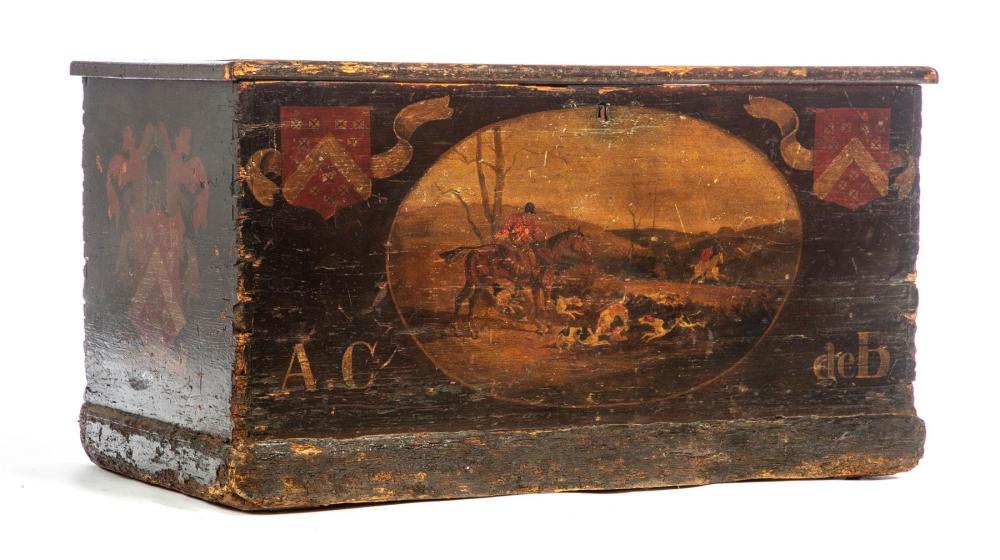 PAINTED BLANKET CHEST WITH HUNT SCENES.: PAINTED BLANKET CHEST WITH HUNT SCENES. European. 1st half-19th century. Lid with applied molding, dovetailed case, base molding, forged strap hinges, lid and front with hunt scenes and ends with fami