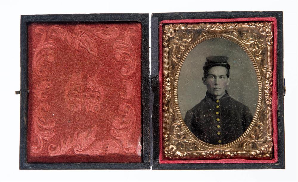 TINTYPE WITH CIVIL WAR CONFEDERATE SOLDIER.: TINTYPE WITH CIVIL WAR CONFEDERATE SOLDIER. American, 1860s. Unidentified subject.
