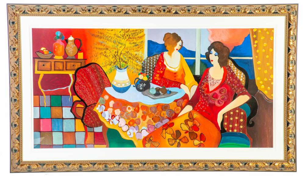 "MONICA AND LOUISA" PRINT, ITZCHAK TARKAY (ISRAELI,: "MONICA AND LOUISA" PRINT, ITZCHAK TARKAY (ISRAELI, 1935-2012). Late 20th century. Numbered 271/350. Signed lower right corner. Serigraph with two women seated at a table. Framed, 37.25"h. 63.5"w. ove