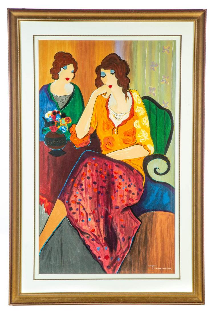 "PLEASANT THOUGHTS" PRINT, ITZCHAK TARKAY (ISRAELI,: "PLEASANT THOUGHTS" PRINT, ITZCHAK TARKAY (ISRAELI, 1935-2012). 1999. Signed lower right corner. Serigraph with two women seated at a table with vase of flowers. Park West Gallery COA. Framed, 55"h. 3