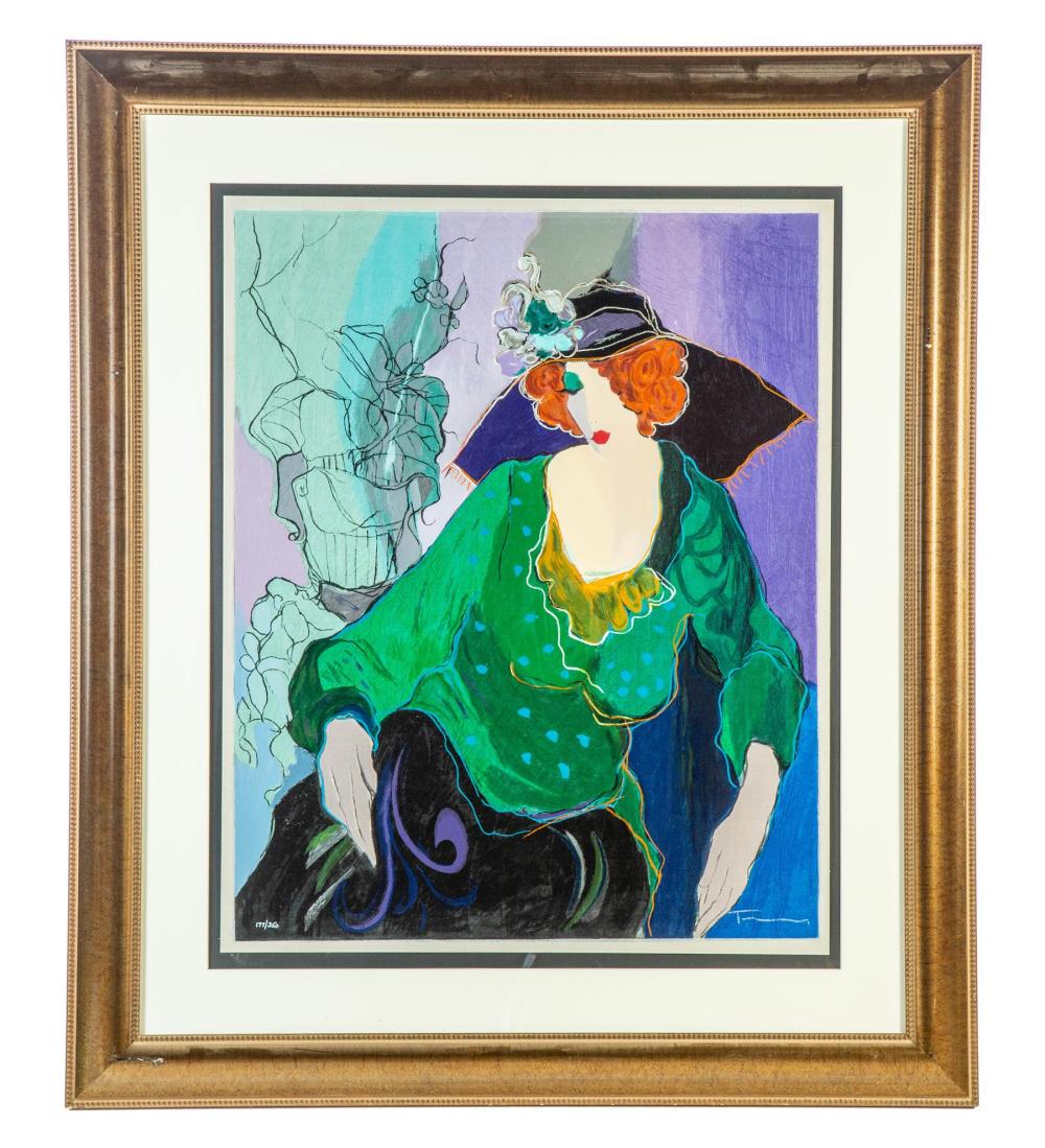 "PURPLE CHAPEAU" PRINT, ITZCHAK TARKAY (ISRAELI,: "PURPLE CHAPEAU" PRINT, ITZCHAK TARKAY (ISRAELI, 1935-2012). Late 20th century. Numbered 177/350. Signed lower right corner. Colored print of woman in purple hat and green blouse. Framed, 45.5"h. 39"w