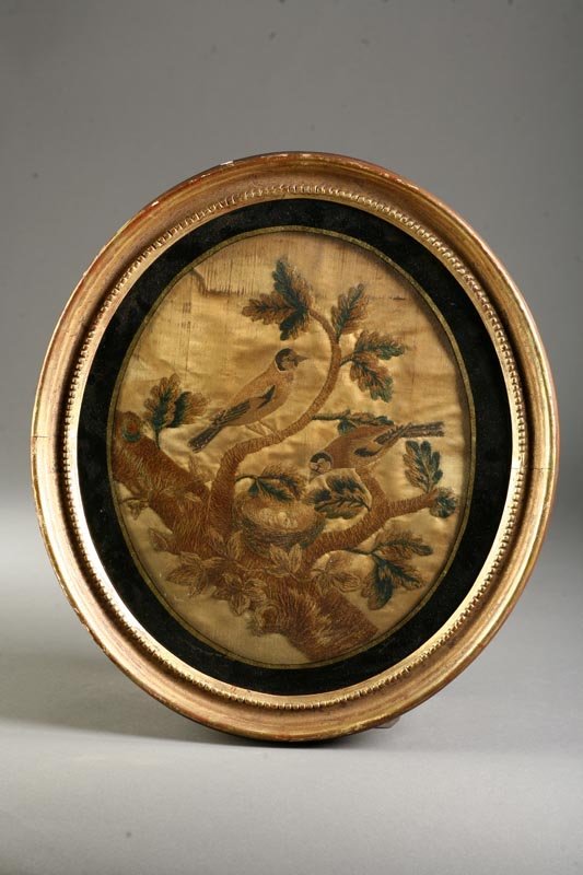 NEEDLEWORK PICTURE OF BIRDS. Probably America