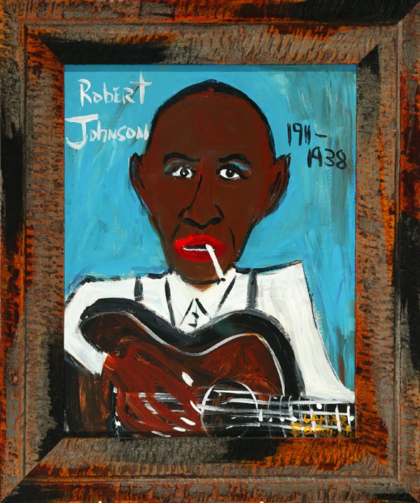 PORTRAIT OF ROBERT JOHNSON BY LAMAR SORRENTO (ME: PORTRAIT OF ROBERT JOHNSON BY LAMAR SORRENTO (MEMPHIS, TENNESSEE, 20TH CENTURY). Oil on board under glass, signed lower right. Portrait of blues singer Robert Johnson in painted frame. 26"h. 22"w.