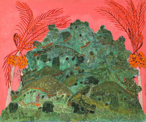 EXCITEMENT BY EVERALD BROWN (JAMAICA, 20TH C: EXCITEMENT BY EVERALD BROWN (JAMAICA, 20TH CENTURY). Oil on masonite, signed lower right, dated 1992 on label. Figures and a jungle. 24"h. 28"w., in a modern frame, 25 1/2"h. 29 1/2"w.