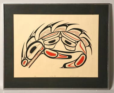 NORTHWEST COAST PRINT BY HAIDA CHIEF TOM PRICE (: NORTHWEST COAST PRINT BY HAIDA CHIEF TOM PRICE (20TH CENTURY). Animal totem print on paper, signed along lower margin. Matted and framed. 25 1/2"h. 31"w.