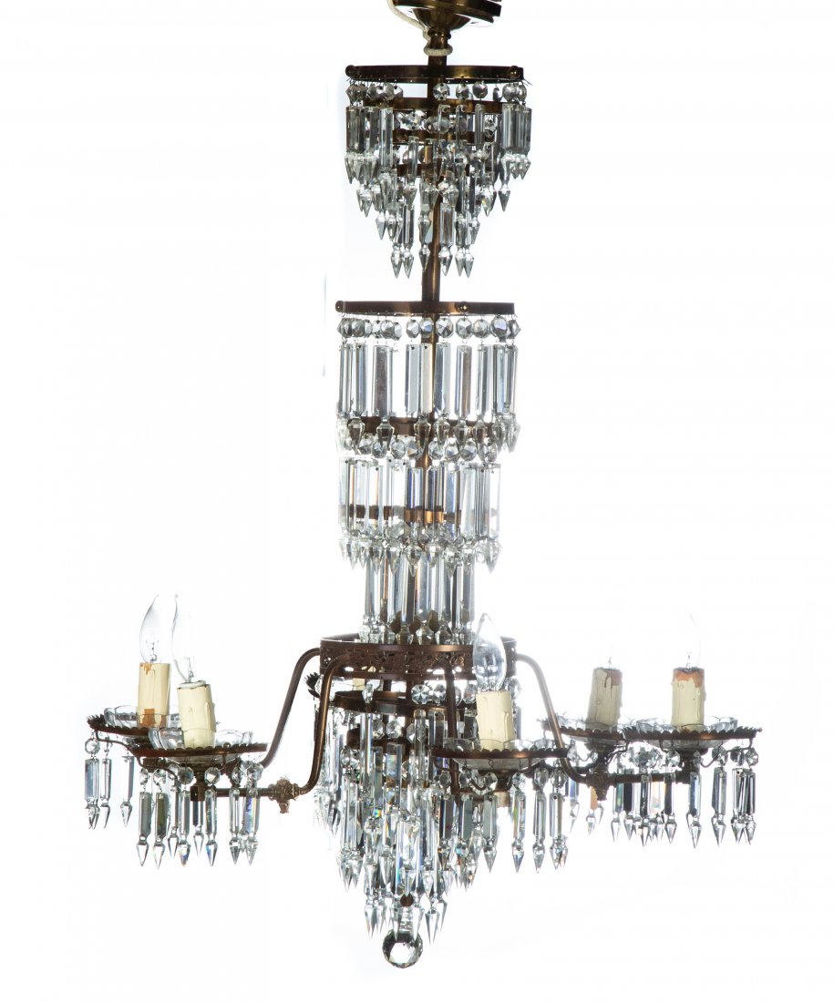 SIX-LIGHT GAS CHANDELIER WITH PRISMS.: American, 4th quarter-19th century. Brass with eleven tiers of spear point cut prisms, 36"h. 28" diameter.