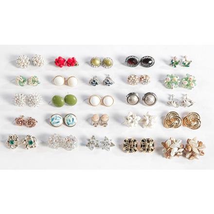 MID-LATE 20TH CENTURY EARRINGS.: Mid-late 20th century. Forty-six pairs of clip-on and screwback earrings consisting of a variety of styles, colors and materials. Signed pieces by Trifari, Coro, Star, Monet, Lisner, Lewis Segal Calif