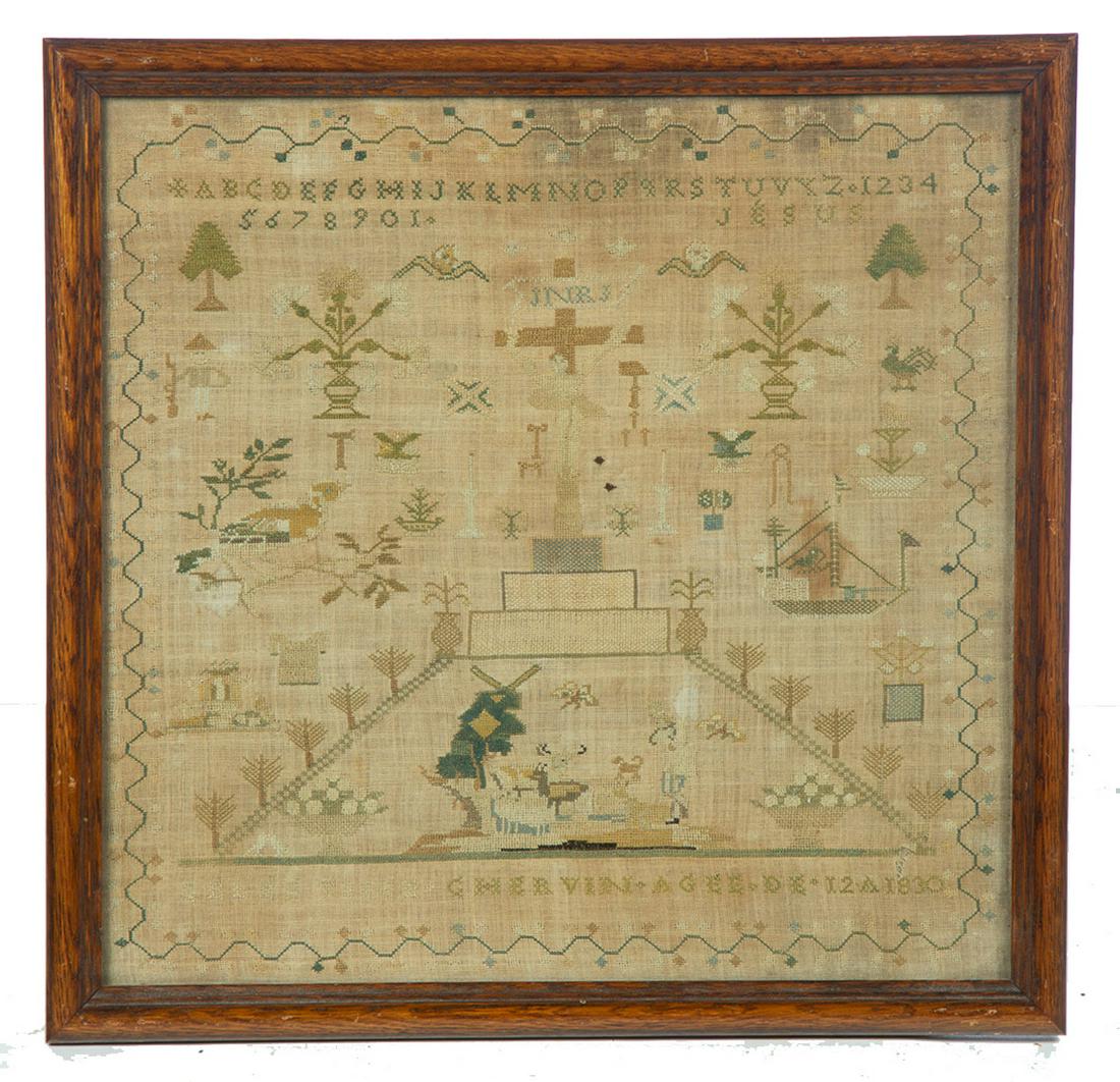 FRAMED SAMPLER BY CELESTINE CHERVIN.: France, 2nd quarter 19th century. Linen with multicolored thread in petit point. FLoral border, central theme is the Crucifixion. Trees, urns of flowers, birds, ship, shepherd people, and "Celestine C