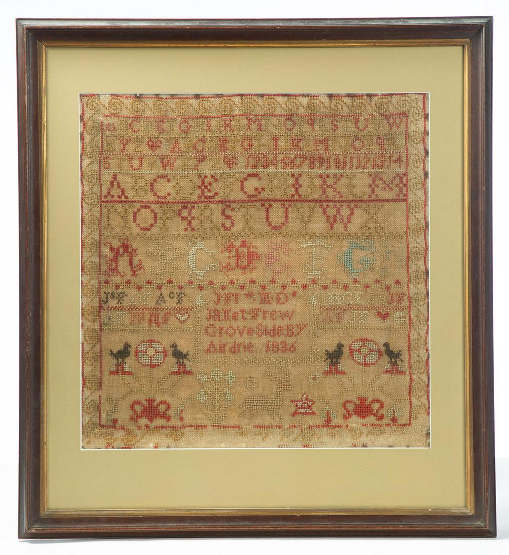 FRAMED AND MATTED SAMPLER.: Possibly Scottish. Multicolor cotton thread on linen. Alphabets, numerals, birds, deer, flowers, potted plants, and initials. "Janet Frew GroveSide BY Airdrie 1836" (?). Imperfections. 24.25" h. 22.25