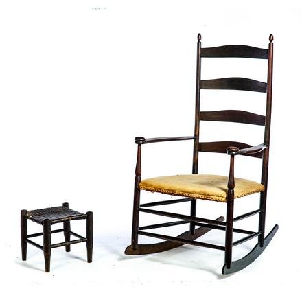 SHAKER ROCKER WITH FOOTSTOOL.: Second half-19th century, maple. Number "6" ladderback with mushroom cap arms and turned finials. Replaced seat, later dark stain. 16"h. seat, 43"h. Together with a splint top footstool. Dark stain, s