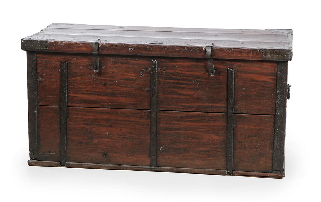 EUROPEAN BLANKET CHEST.: Nineteenth century, pine. Large chest with wrought iron strap hinges and straps. Interior till. Old refinishing with edge loss. 25.5”h. 53”w. 25.5”d.