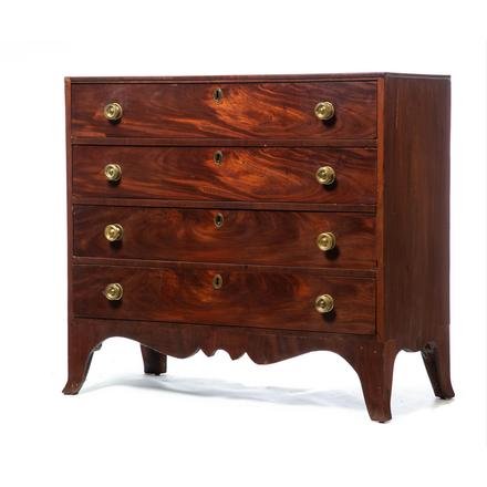 HEPPLEWHITE FOUR DRAWER CHEST.: England. 1st quarter-19th century. Mahogany with pine secondary, dovetailed drawers and French feet, 34.5"h. 39"w. 17.5"d.