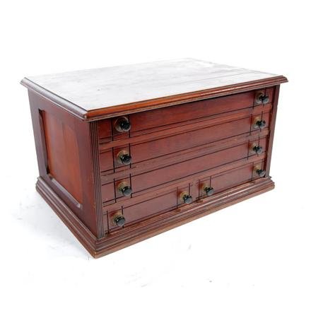 EASTLAKE VICTORIAN SPOOL CABINET.: American. 4th quarter-19th century. Southern gum with pine secondary, top and base with routed edge, paneled ends, and three over two drawers with line carving, 14"h. 25"w. 17.5"d.