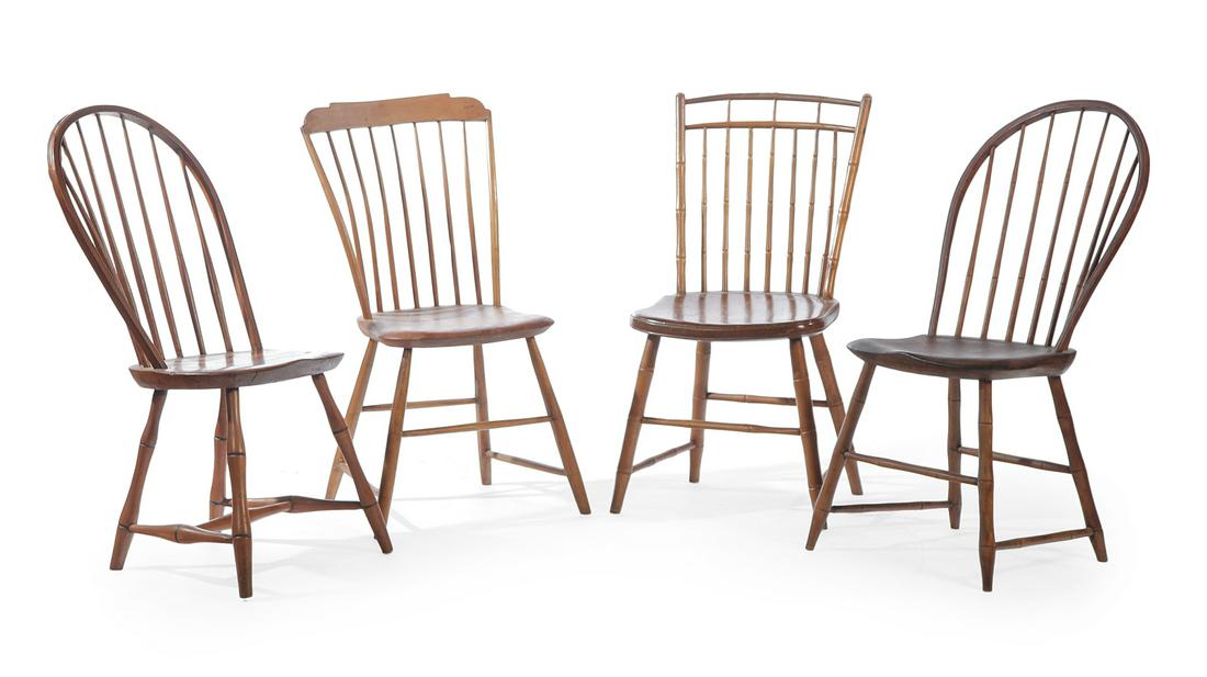 FOUR WINDSOR CHAIRS.: American. 1st quarter-19th century. Two hoopbacks with spindle backs and bamboo turned legs and stretchers, 17" seat height, 35"h., a birdcage back with bamboo turnings, 17" seat height, 34"h. and a s