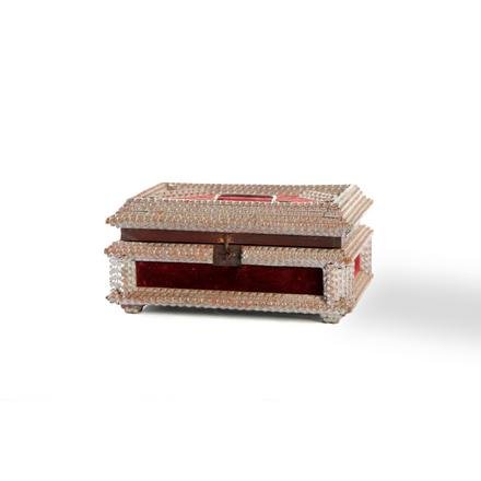 TRAMP ART FOOTED DOCUMENT BOX.: American, ca. 1900. Layered notched wood with silver paint, purple velvet covered panels and bale handle. 5.75"h. 10.5"w. 7"d.