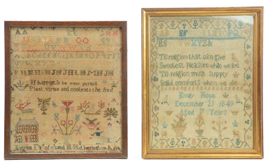 TWO FRAMED SAMPLERS.: Probably English. One multicolor thread on linen with floral border, alphabet, numerals, religious verse, crowns, birds, potted plants, flowers, dogs, and "Emily Hope December 21 1849 Aged 7 Years." 1