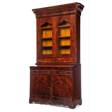 LATE EMPIRE THREE PIECE SECRETARY BOOKCASE.: American, 2nd Quarter, 19th Century. Mahogany with pine secondary, top with ogee cornice, two single pane glass doors with Gothic arched tops over two dovetailed drawers, base with slanted folding wri