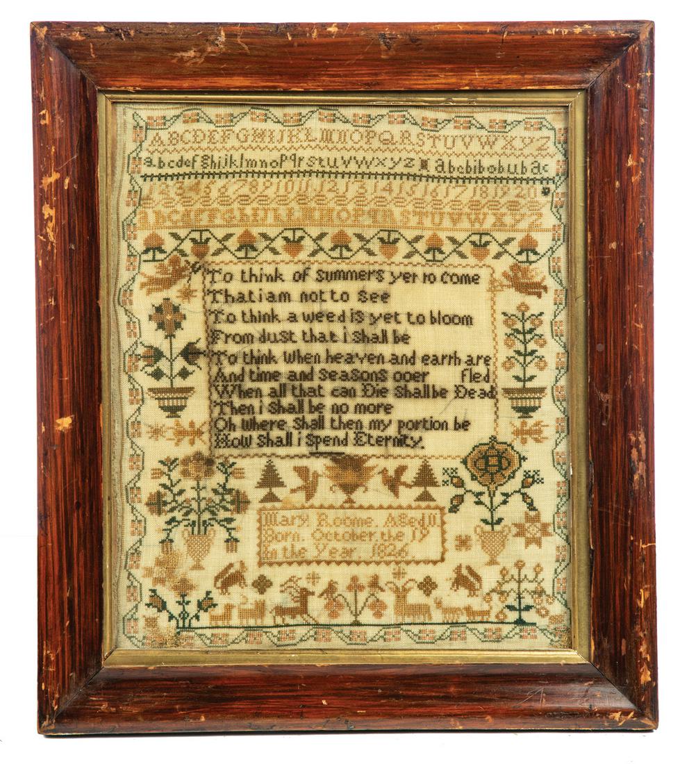 FRAMED VERSE SAMPLER BY MARY ROOME.: England, 2nd quarter 19th century. Linen with multicolored thread in petit point. Floral border, alphabet, numerals, urns of flowers, deer, lions, dogs, birds, angels, trees, and "Mary Roome Aged 11 B