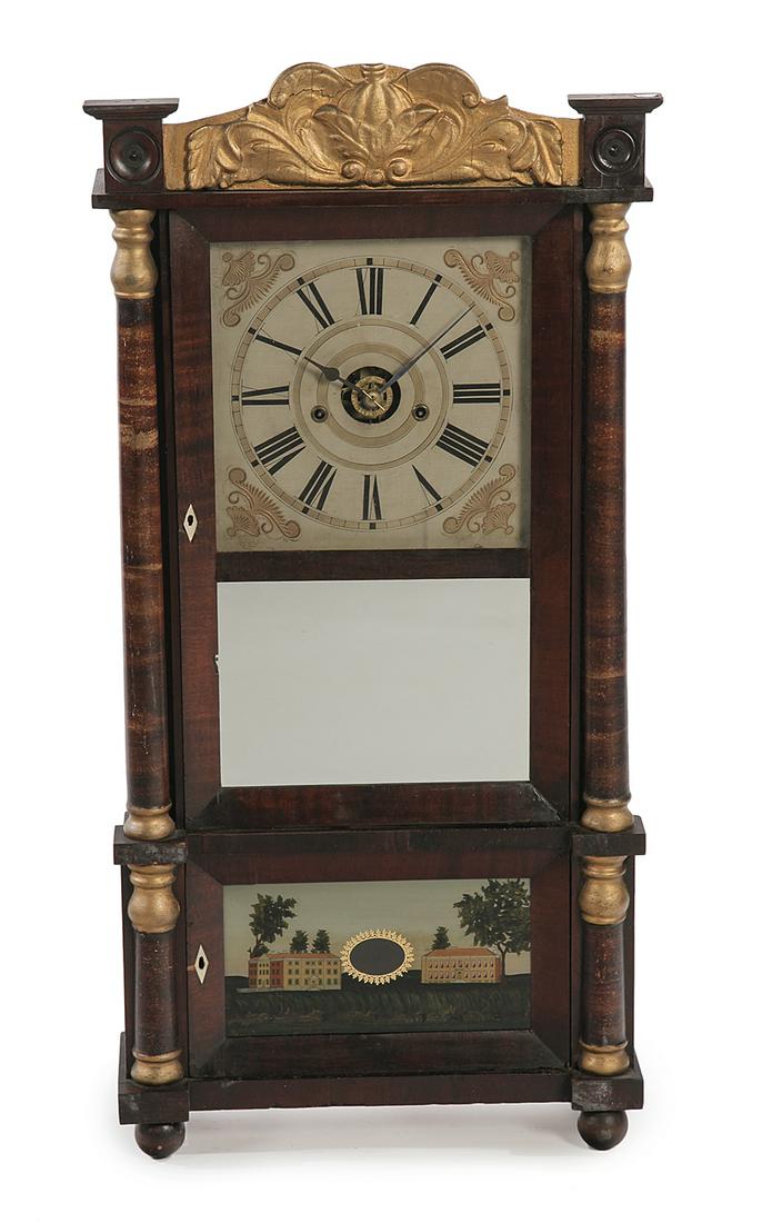 FORESTVILLE MANUFACTURING CO. TRIPLE DECKER MANTEL: American. 2nd quarter-19th century. Pine case with mahogany veneer, floral leafed crest, full and half pilasters, ball feet, replaced mirrored and reverse painted lower tables, painted wooden face, br