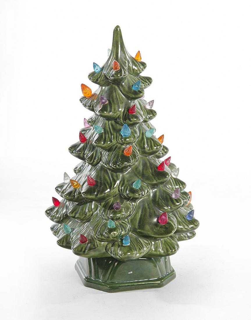 CERAMIC CHRISTMAS TREE.: Late 20th century. Base and tree with electric lights. 11.5”h.
