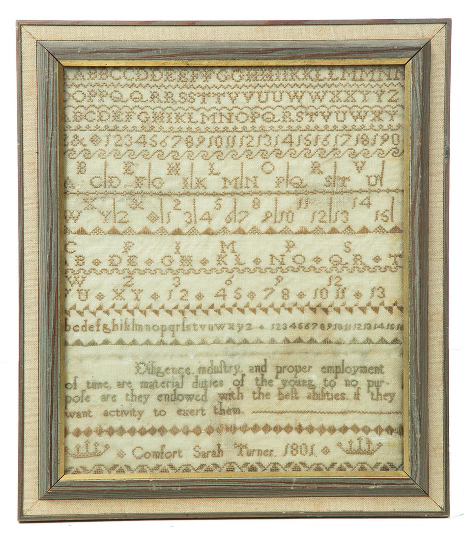 FRAMED ENGLISH SAMPLER.: First quarter 19th century. Alphabets, numerals, verse, crowns, and "Comfort Sarah Turner 1801." Imperfections. 14.5" h. 12.5" w.