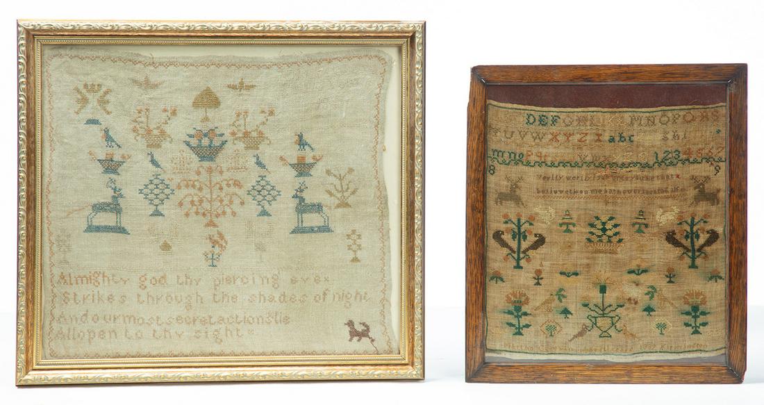 TWO FRAMED SAMPLERS.: Probably English, both with multicolor silk thread on linen. One with deer, dogs, birds, crowns, trees and plants, baskets, and religious verse. 17.25" h. 19.25" w. One with alphabets, numerals, relig