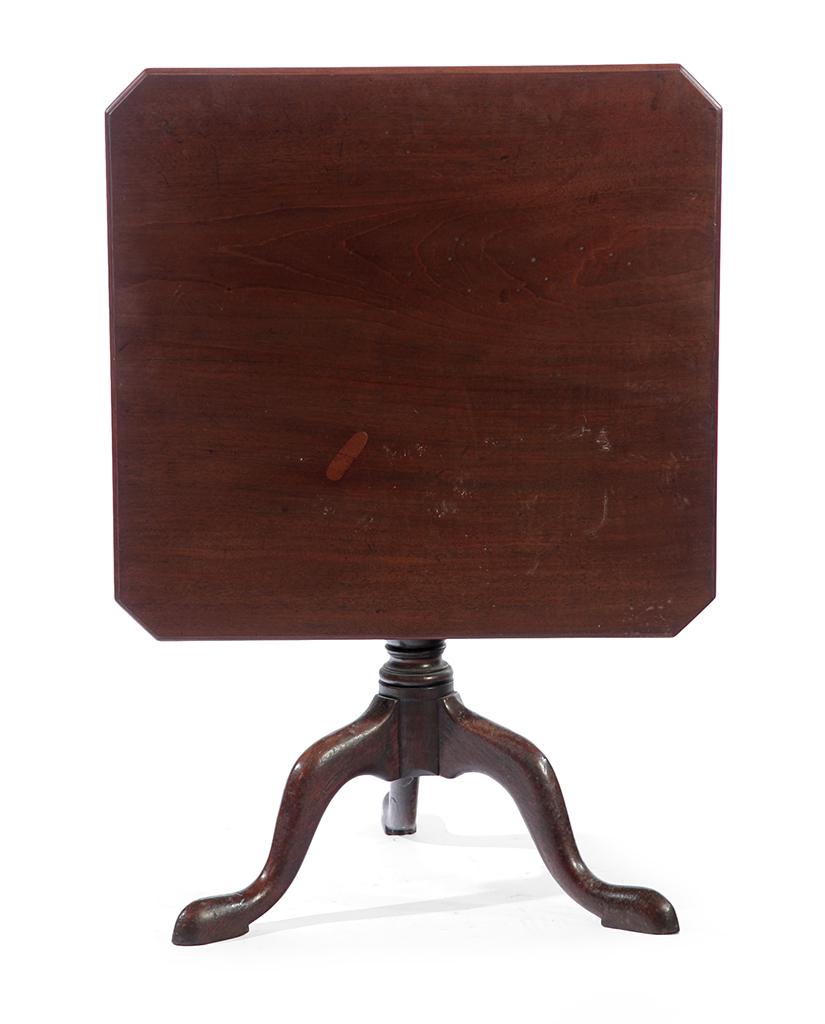QUEEN ANNE TEA TABLE.: England, late 18th Century. Mahogany, square top with cut corners, turned columns, snake legs and pad feet. 27"h. 29.5"w. 28.5"d.