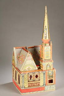 BLISS CHURCH.: BLISS CHURCH. Paper litho "Sunday Toy" is marked: "Church by R. Bliss Mfg. Co. U.S.A.". Includes two roof gables, two tower sections and spire. One section cut out, wear and missing some wooden