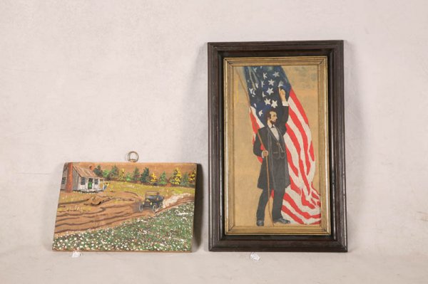 TWO PIECES OF ARTWORK. Framed oil on canvas folky