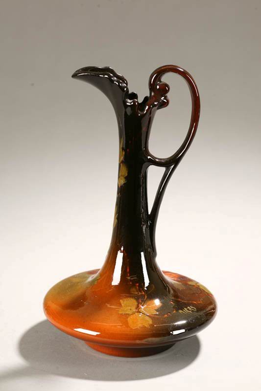 OHIO POTTERY EWER. Tall pitcher with scalloped ri