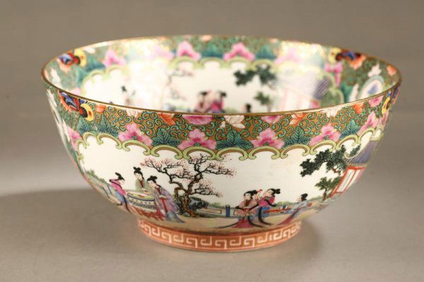 CHINESE EXPORT BOWL. Rose Medallion pattern with: CHINESE EXPORT BOWL. Rose Medallion pattern with women in various activities and gilt detailing. 12"d. 5 1/2"h.