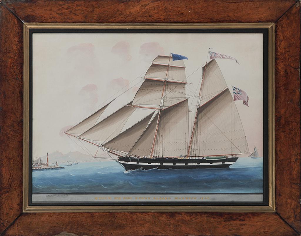 SHIP PORTRAIT BY MICHELE FUNNO (ITALY, ACT. 1837-1865).: Gouache on paper, signed lower left. Sailing ship with British flag â€œTouch Me Not, Fowey Daniel Maddick 1844” in Bay of Naples with Vesuvius in the background. Some creases and small tear in t