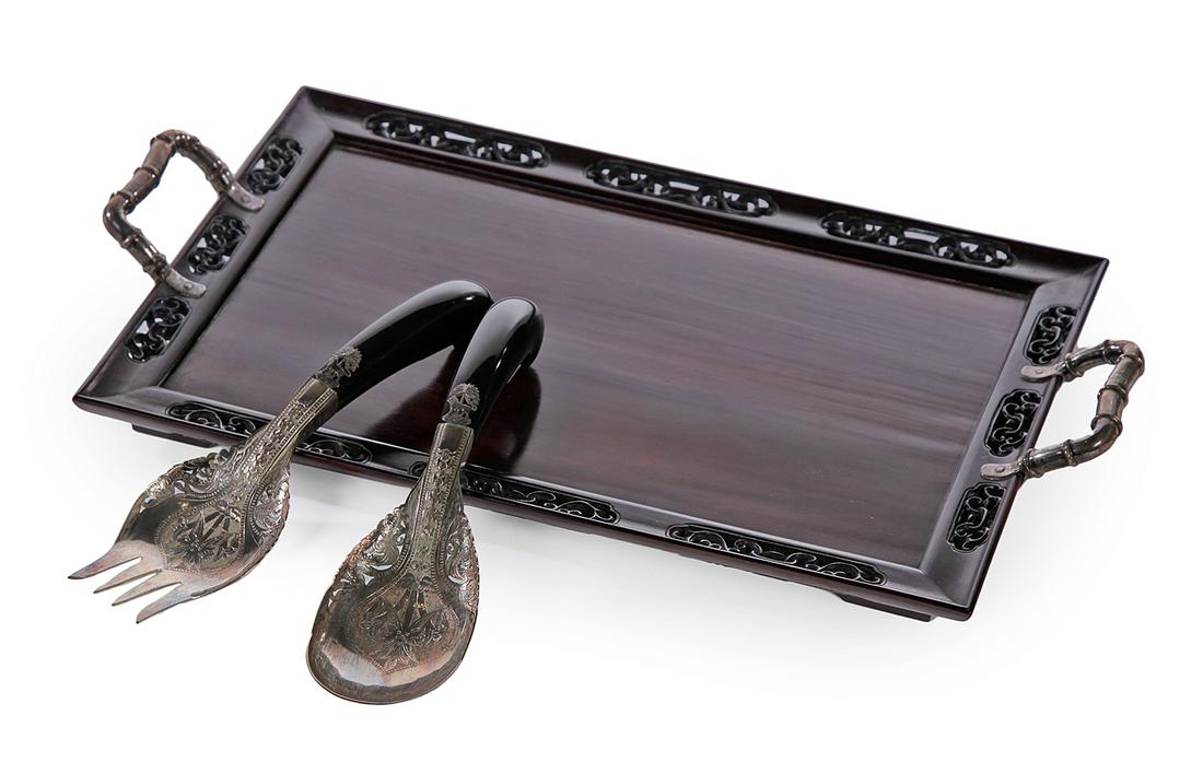 ASIAN TRAY AND SERVING FORK AND SPOON.: Mid 20th century. Rosewood tray with reticulated edge and silver bamboo shaped handles. 12" x 20.5". And a salad fork and spoon of engraved silver with horn handles. Marked "12 COB, Malaysia". 10.5"l.