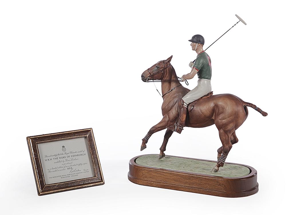 ROYAL WORCESTER PORCELAIN FIGURE OF PRINCE PHILIP.: England, dated 1968. Prince Philip on polo pony. Modeled by Doris Linder, numbered 352/750. With COA. 15"h. 13"w. 5.5"d. including wooden base.