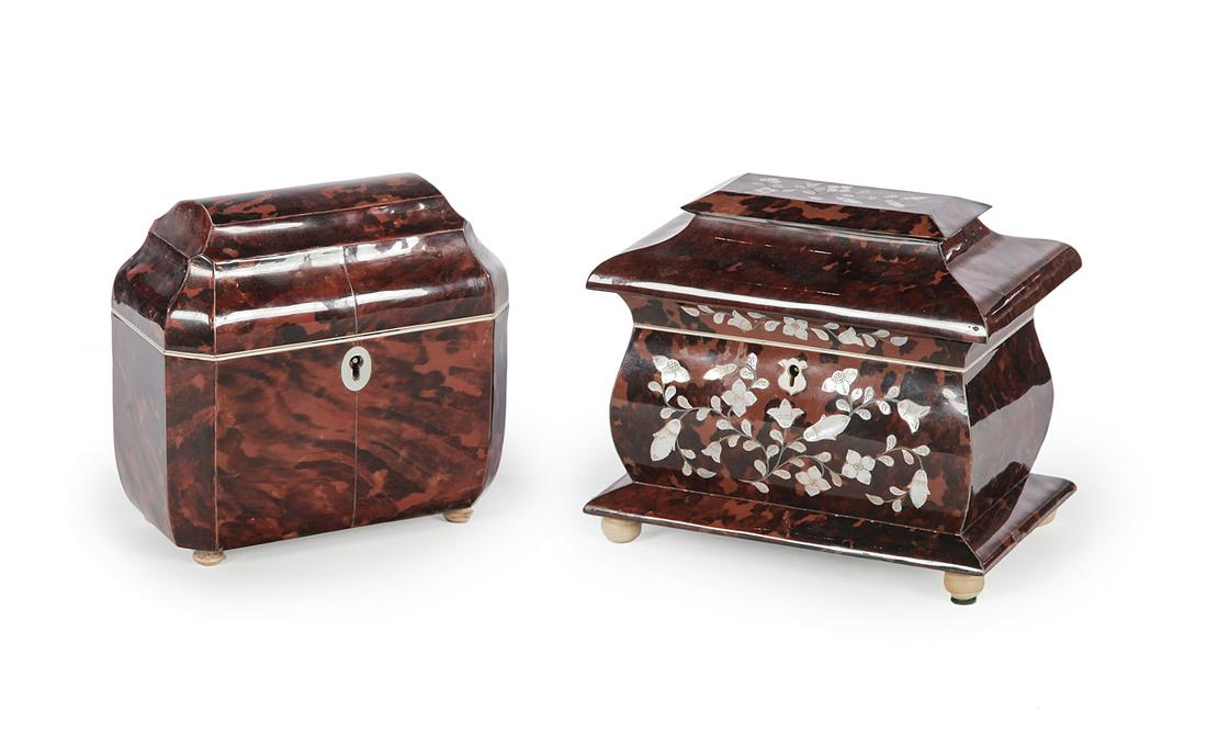 TWO TEA CADDIES.: Late 20th century. Faux tortoise shell with mother of pearl inlay and cast resin feet. Both have two lidded compartments. Floral inlay, 6.25”h. 7.5”l. And inlaid escutcheon, 6.5”h. 6.5”l.