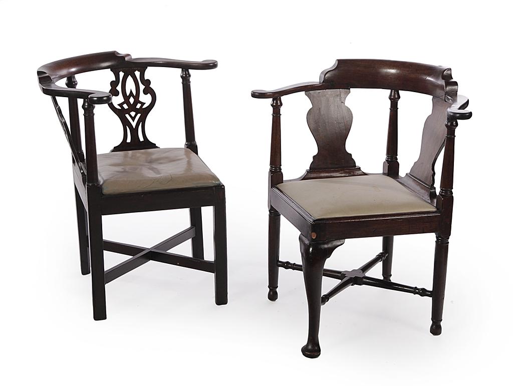 TWO ENGLISH GEORGIAN CORNER CHAIRS.: Third quarter 18th century, mahogany. Queen Anne with padded front foot and vase splats. 17.5” seat, 31.5”h. And Chippendale with pierced splats, 18” seat, 31.5”h. Cross stretchers, reupholste