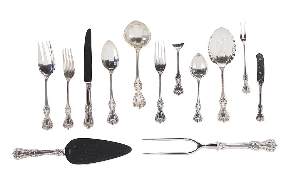 TOWLE STERLING FLATWARE SET.: Twentieth century. Old Colonial service for twelve, seventy-nine pieces total. Twelve each dinner knives, butter knives, teaspoons, salad forks and dinner forks with eight soup spoons. Eleven serving 