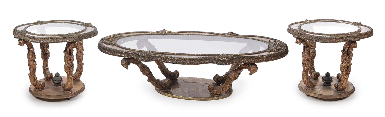 THREE MATCHING ROCOCO REVIVAL PARLOR PIECES.: Italy, 3rd quarter, 20th century. All have heavy brass ormalu mounds, laminated seashell borders and bases. A coffee table, 15" h. 55" w. 24" d. and a pair of tables, 23" h. 28" dia.