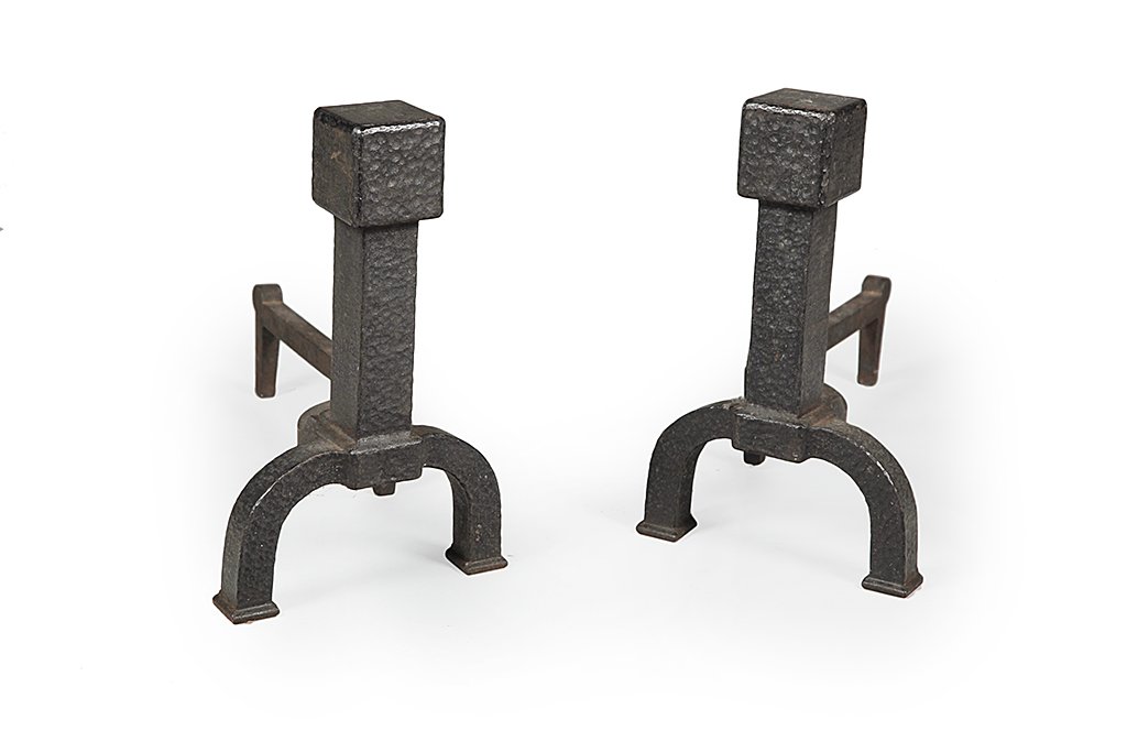 PAIR OF BRADLEY & HUBBARD ANDIRONS.: Early 20th century. Wrought iron with hammered finish. Unmarked. 13”h.
