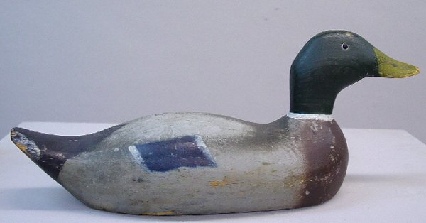 CARVED WOODEN FACTORY DECOY. Mallard dra