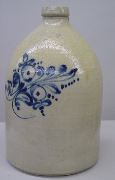 STONEWARE JUG WITH COBALT FLORAL DECORAT