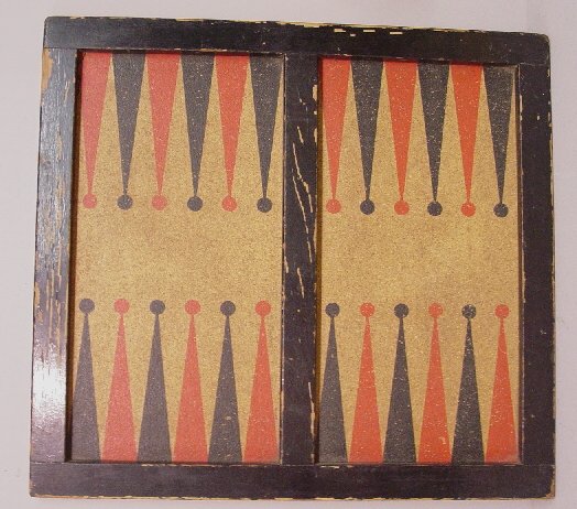 FOUR PIECES: Cork backgammon board. Woo: FOUR PIECES: Cork backgammon board. Wooden frame has original flaking black paint. 21" x 23"; curly maple rolling pin, 19 3/4"l.; two straw decorated pieces. A souvenier cigarette case, 4 3/4"l. and a