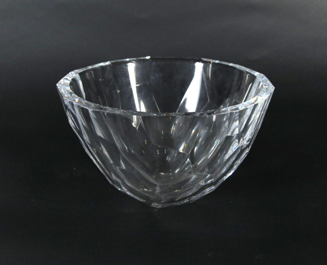 ORREFORS CUT CRYSTAL BOWL.: Sweden, 4th quarter 20th century. Designed by Anne Nilsson. Irregular panel cutting, original paper label and signed on bottom "Orrefors, ANY 905-15". 6.5"h. 10.5"d.