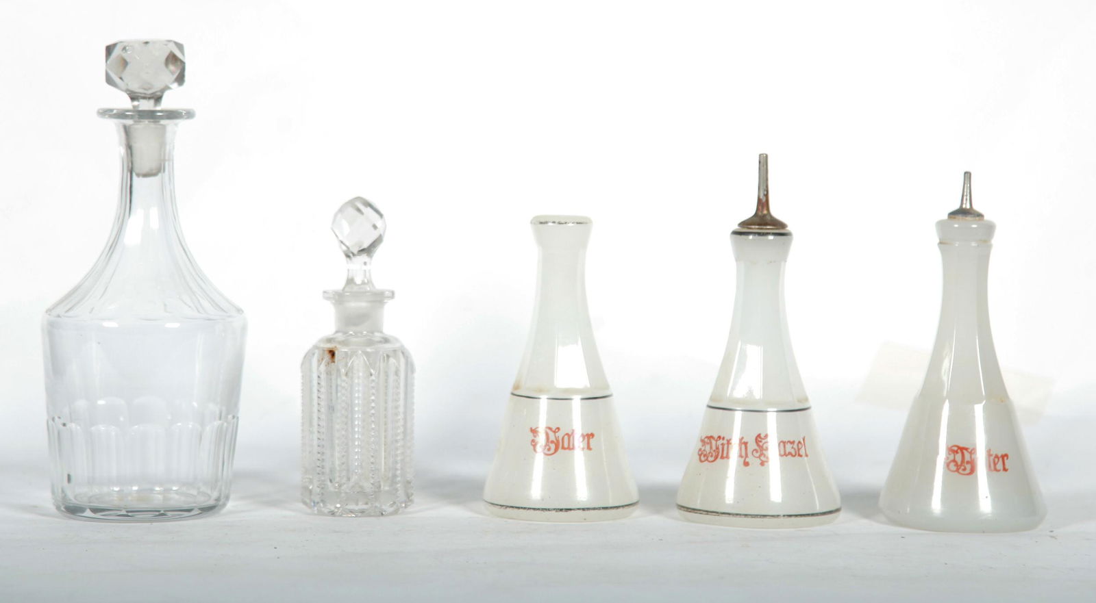 THREE BARBER BOTTLES, COLOGNE, AND DECANTER. (1 of 3)